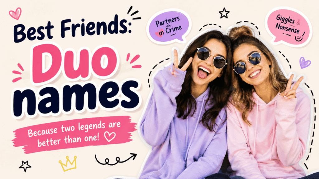 Two best friends posing together with creative duo name ideas and playful friendship-themed graphics.