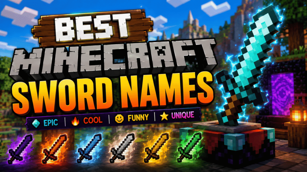 Best Minecraft sword names featuring a glowing diamond sword, colorful weapons, and epic, cool, funny, and unique naming ideas.