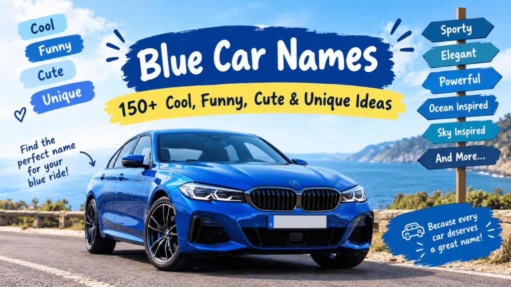 Blue car names feature image showing a glossy blue car on a scenic coastal road with colorful labels for cool, funny, cute, unique, sporty, elegant, and powerful names.