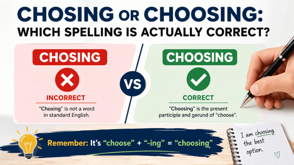 Chosing or choosing spelling comparison showing “choosing” as the correct spelling and “chosing” as incorrect.