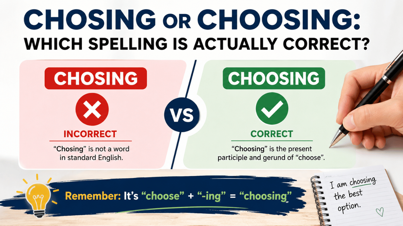 Chosing or choosing spelling comparison showing “choosing” as the correct spelling and “chosing” as incorrect.