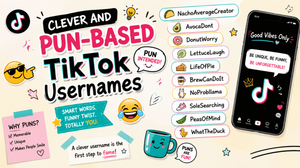 Clever and pun-based TikTok usernames featuring playful username ideas like NachoAverageCreator, AvocaDont, DonutWorry, WhatTheDuck, and LettuceLaugh.