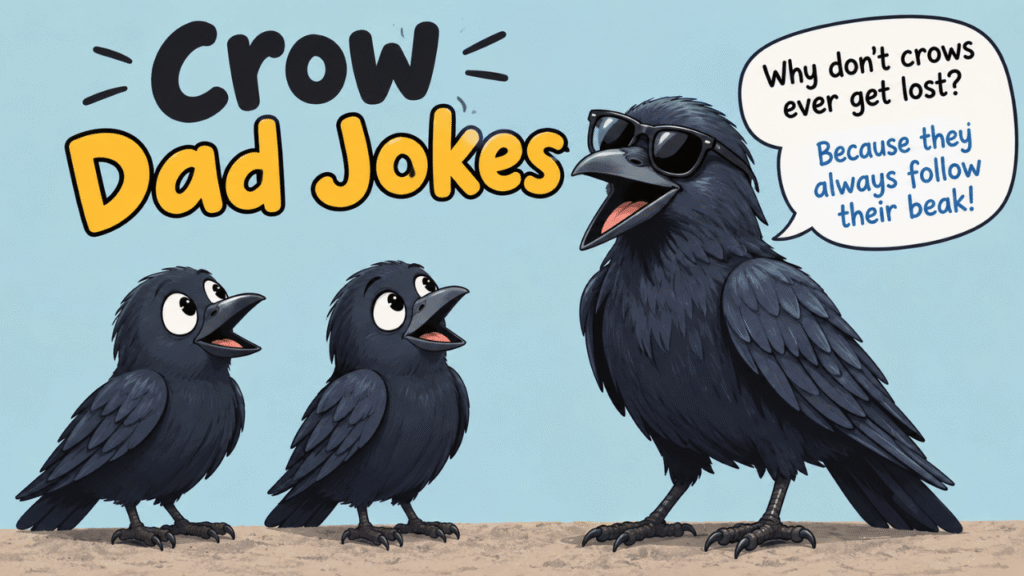 Funny crow dad jokes with a crow wearing sunglasses and two young crows.