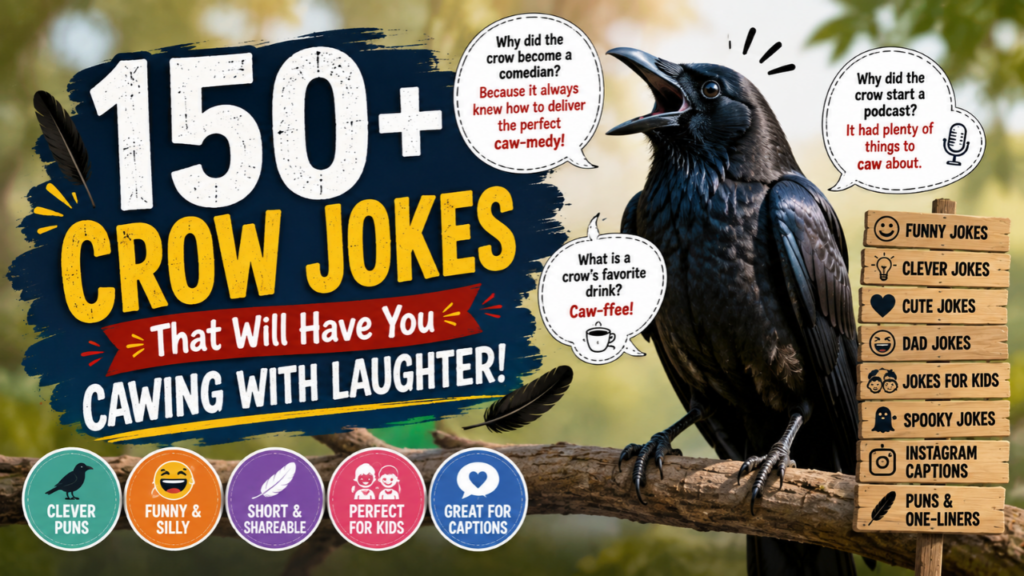 150+ crow jokes feature image with a funny crow, playful speech bubbles, clever puns, kids' jokes, dad jokes, and Instagram captions.