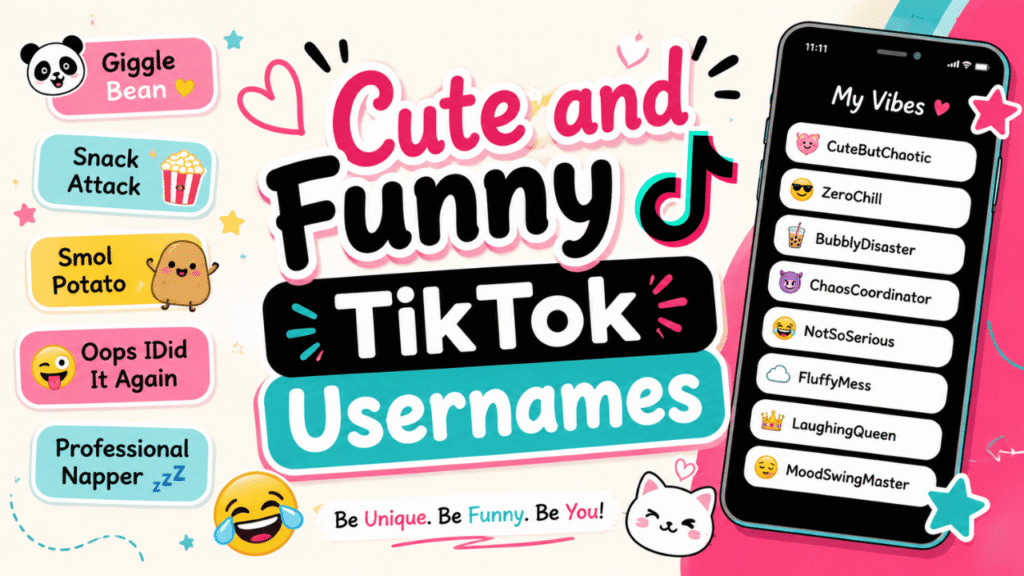 Cute and funny TikTok usernames displayed on a colorful graphic with playful username ideas, emojis, a smartphone, and TikTok-themed elements.