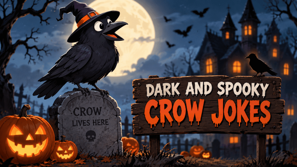Dark and spooky crow jokes Halloween scene with a crow, pumpkins, haunted house, and full moon.