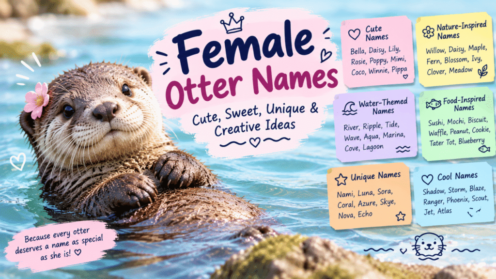 Female otter names feature image showing a cute female otter in a bright aquatic setting with colorful, playful name ideas displayed around it.