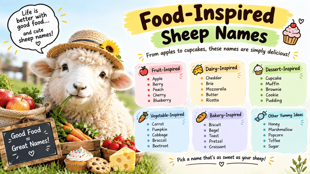 Food-inspired sheep names featuring a fluffy sheep surrounded by fruits, vegetables, desserts, bakery treats, dairy foods, and sweet name ideas.