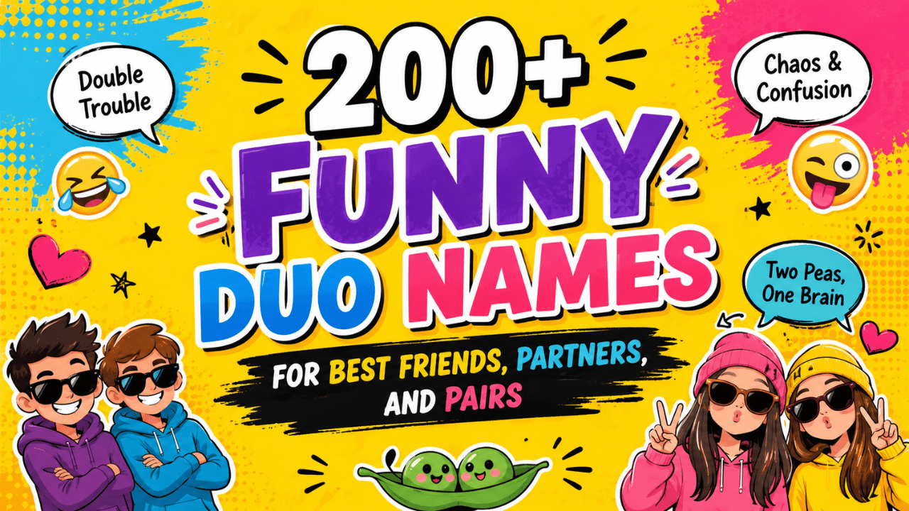 200+ funny duo names for best friends, partners, and pairs with colorful cartoon characters and playful speech bubbles.