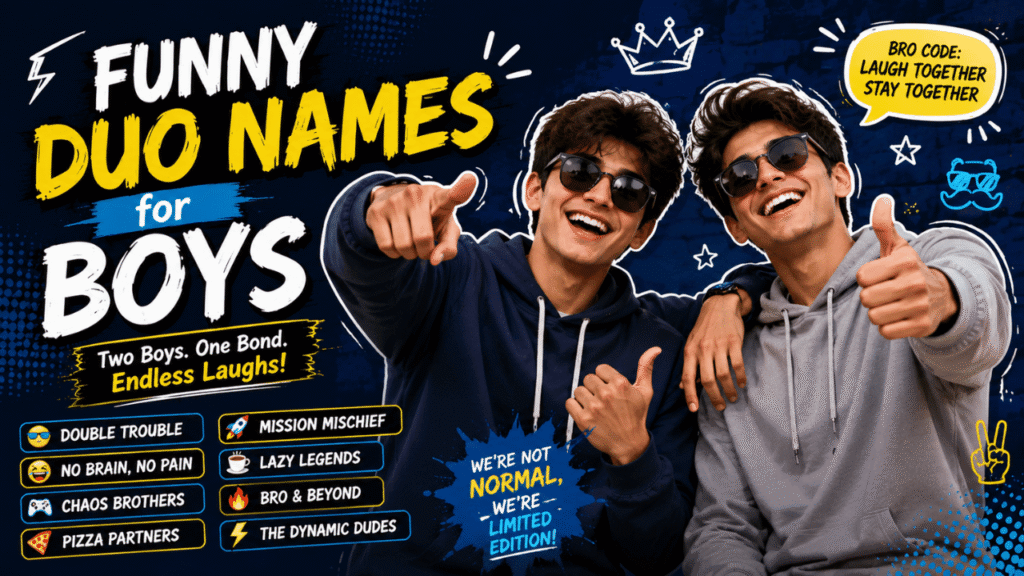 Two best friends posing together with bold โFunny Duo Names for Boysโ text and playful friendship-themed name ideas.