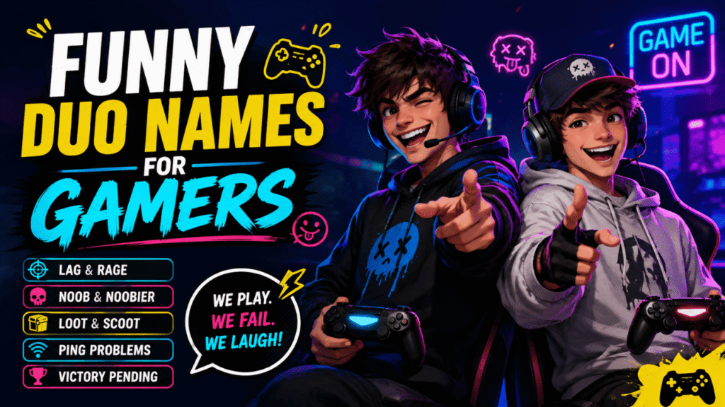 Two gamers playing with controllers, featuring funny duo names like Lag & Rage, Noob & Noobier, and Loot & Scoot.