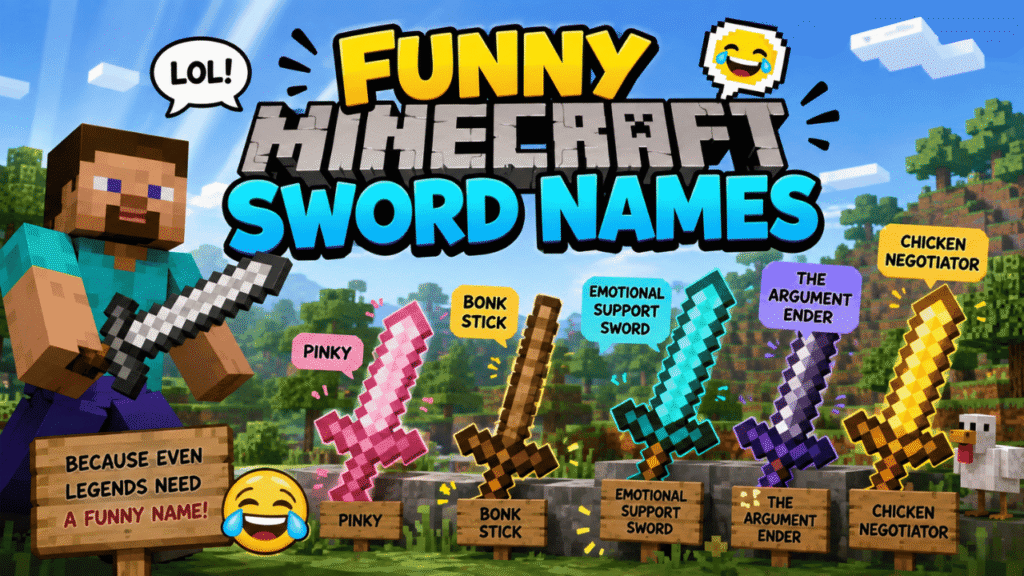 Funny Minecraft sword names featuring colorful swords, a Minecraft character, and humorous weapon name ideas.