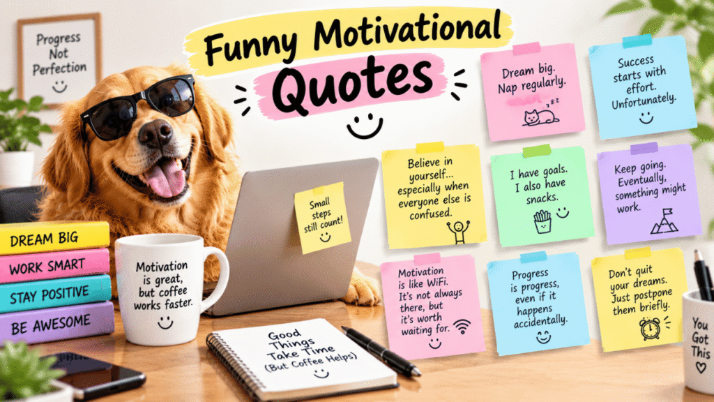 Funny motivational quotes featuring a smiling dog wearing sunglasses, a laptop, coffee mug, colorful books, and inspirational sticky notes on a desk.