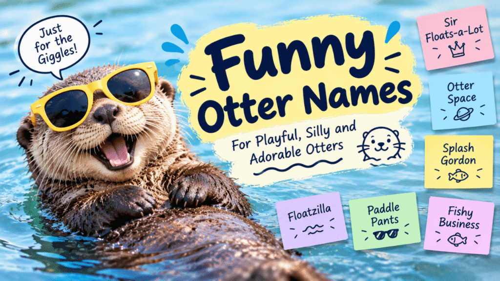 Funny otter names feature image showing a playful otter floating in water with colorful labels featuring humorous names like Sir Floats-a-Lot, Otter Chaos, Splash Gordon, Paddle Pants, and Fishy Business.