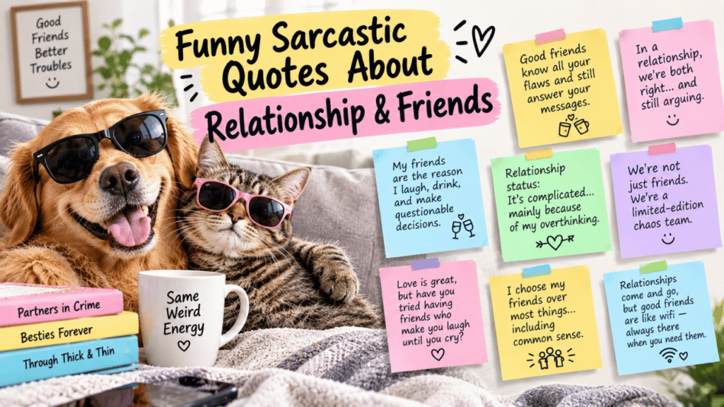 Funny sarcastic quotes about relationships and friends featuring a dog and cat wearing sunglasses, colorful quote cards, cozy sofa setting, and friendship-themed decorations.