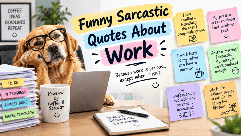 Funny sarcastic quotes about work featuring a tired dog wearing glasses, a laptop, coffee mug, office paperwork, and colorful sticky notes with witty workplace sayings.