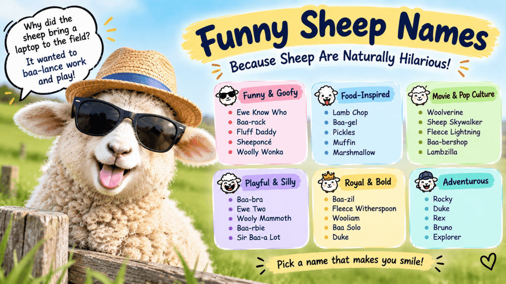 Funny sheep names featuring a playful sheep in sunglasses and a straw hat, with humorous, pun-based, food-inspired, and adventurous name ideas.