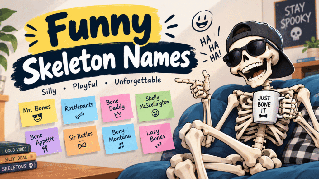 Funny skeleton names with a playful cartoon skeleton and quirky spooky name ideas.