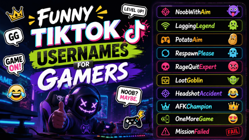 Funny TikTok usernames for gamers featuring a neon gaming setup, masked gamer, colorful gaming icons, and playful username ideas like NoobWithAim, LaggingLegend, PotatoAim, and MissionFailed.