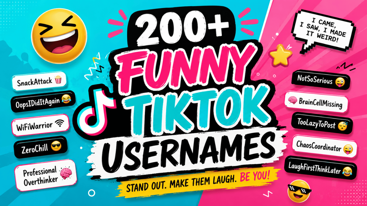 Funny TikTok usernames displayed in a bright, playful graphic featuring social media and humorous username themes.