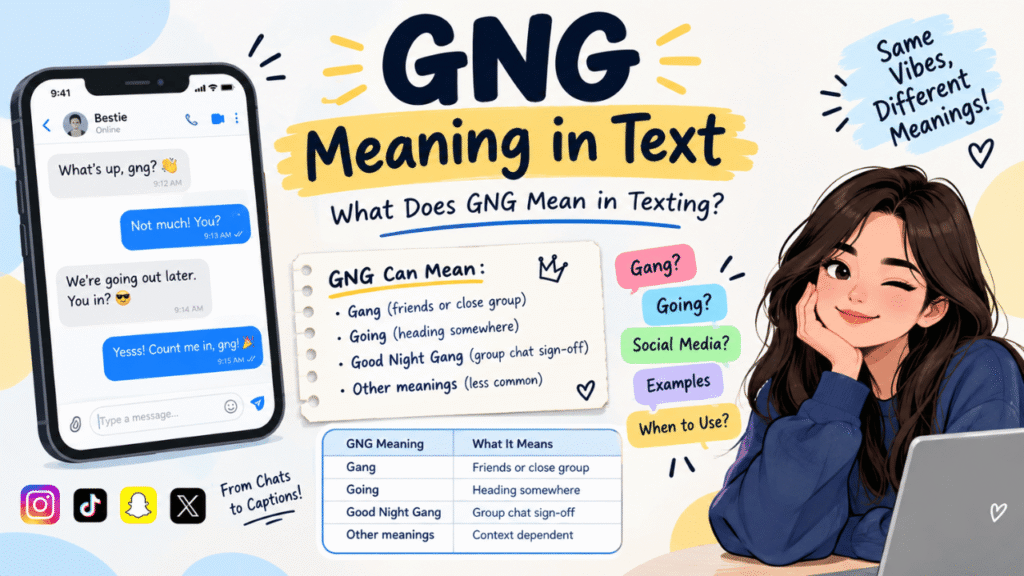 GNG meaning in text feature image showing a smartphone chat, social media icons, and a visual guide explaining GNG as “gang,” “going,” and “Good Night Gang.”