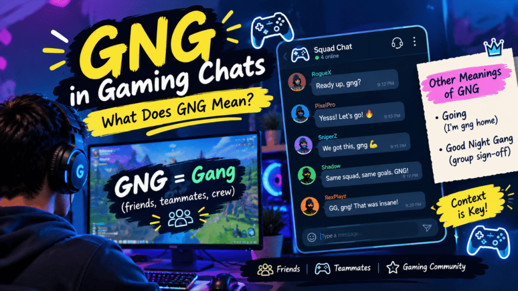 GNG in gaming chats feature image showing a gamer at a neon-lit setup, squad chat messages, and gaming controllers
