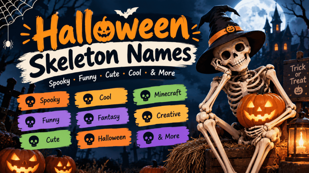 Halloween skeleton names featuring a spooky skeleton, pumpkins, haunted scenery, and creative name ideas.