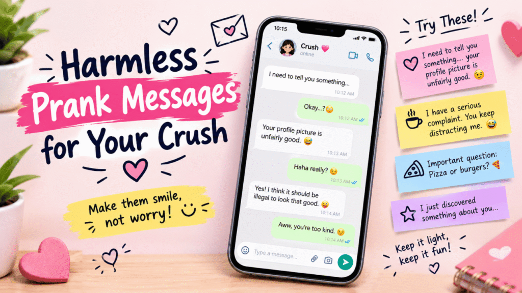 Harmless prank messages for your crush shown on a smartphone with playful text bubbles and a lighthearted, cheerful design.