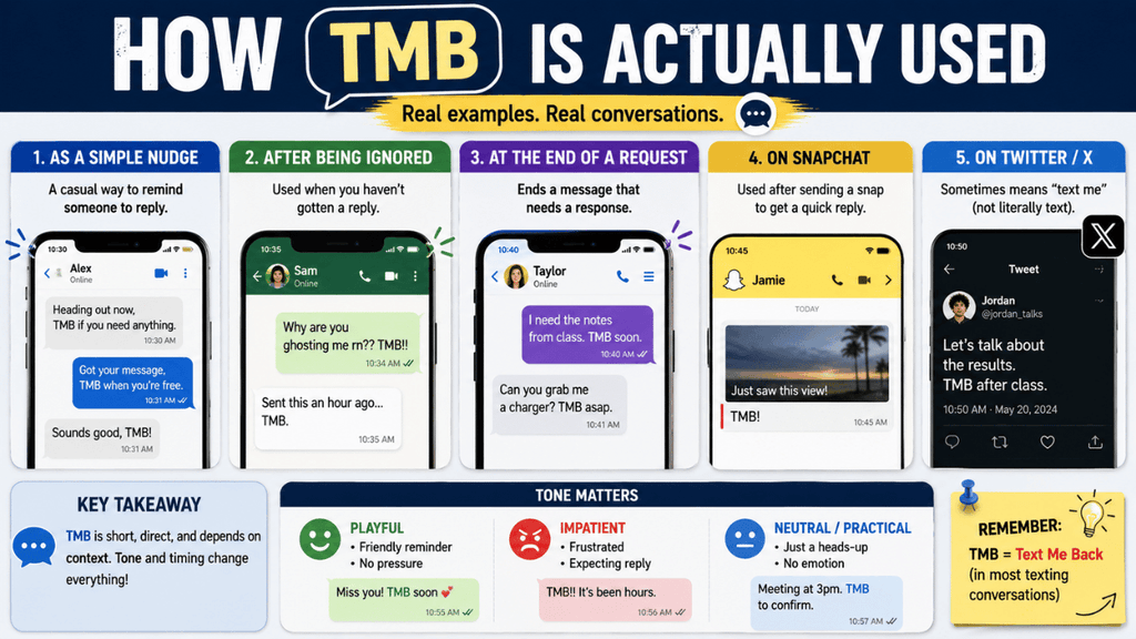 Alt text: “How TMB is actually used in texts, showing examples of TMB as a simple nudge, after being ignored, in requests, on Snapchat, and on Twitter/X.”