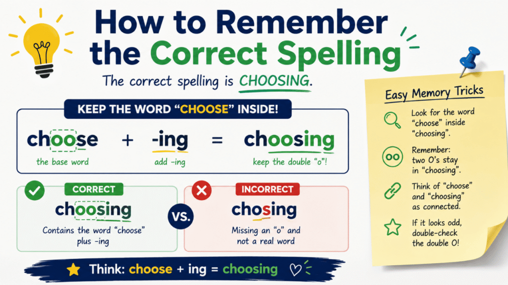 How to remember the correct spelling of “choosing,” showing the double “o” and the memory trick “choose + ing = choosing.”