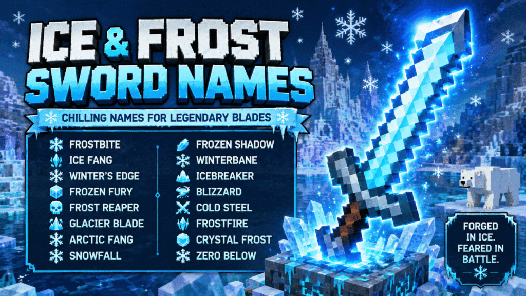 Ice and frost sword names featuring a glowing icy Minecraft sword, snowy landscape, and winter-themed weapon name ideas.