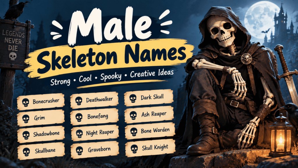 Male skeleton names featuring cool, spooky, strong, and creative skeleton character ideas.