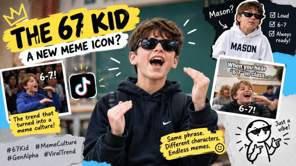 Meme culture around the viral 6 7 trend, featuring the 67 kid, Gen Alpha slang, social media memes, and the popular 6-7 gesture.