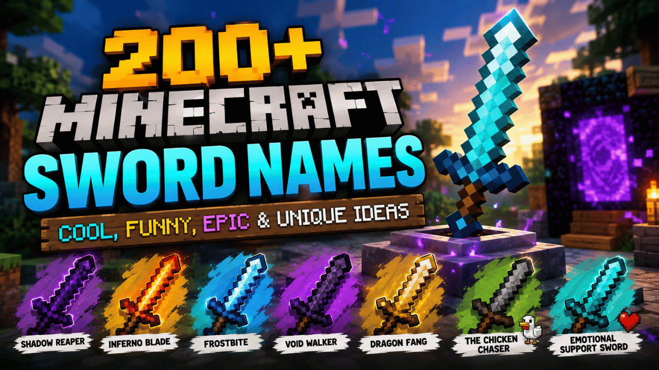 200+ Minecraft sword names featuring cool, funny, epic, and unique sword ideas with diamond swords, Netherite swords, and fantasy-themed weapons.