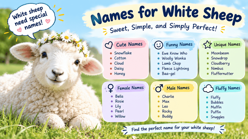 Names for white sheep featuring a fluffy white sheep with a flower crown and cute, funny, unique, female, male, and fluffy name ideas.