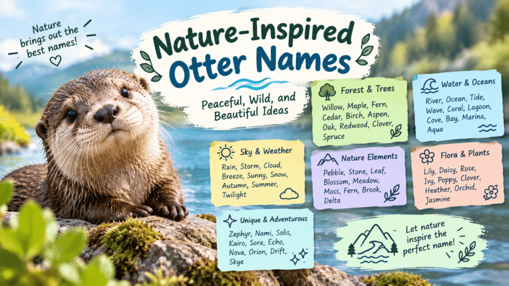 Nature-inspired otter names feature image showing a cute otter beside a peaceful river, surrounded by greenery, with colorful panels featuring nature-themed name ideas.