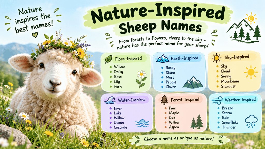 Nature-inspired sheep names featuring a fluffy sheep in a meadow with flower, forest, water, sky, earth, and weather-themed name ideas.