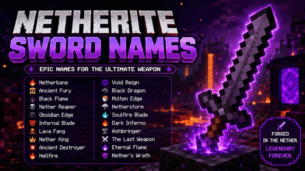 Netherite sword names featuring a glowing Netherite sword, Nether-themed background, and epic Minecraft weapon name ideas.