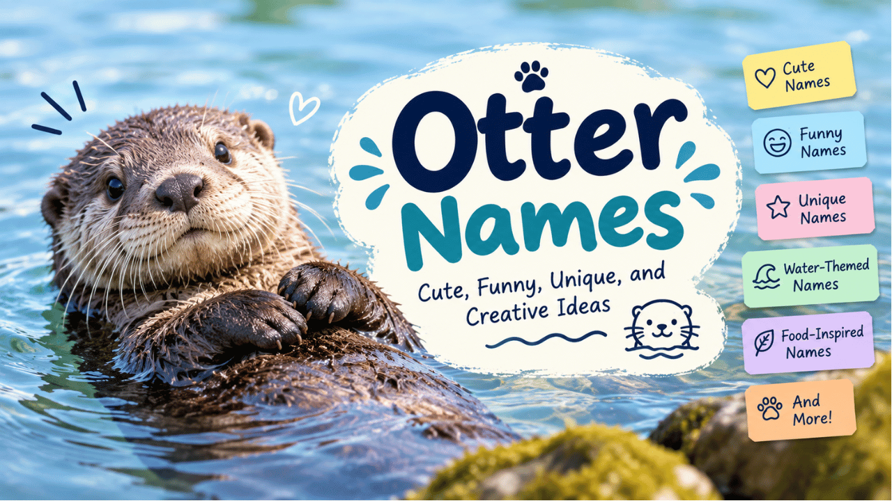 Cute otter names feature image showing an otter floating in water alongside colorful labels for cute, funny, unique, water-themed, and food-inspired names.