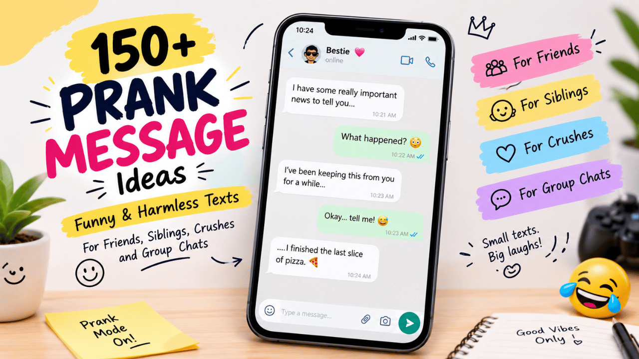 150+ funny prank message ideas graphic featuring a smartphone chat, playful text messages, friends, siblings, crushes, and group chat prank themes.