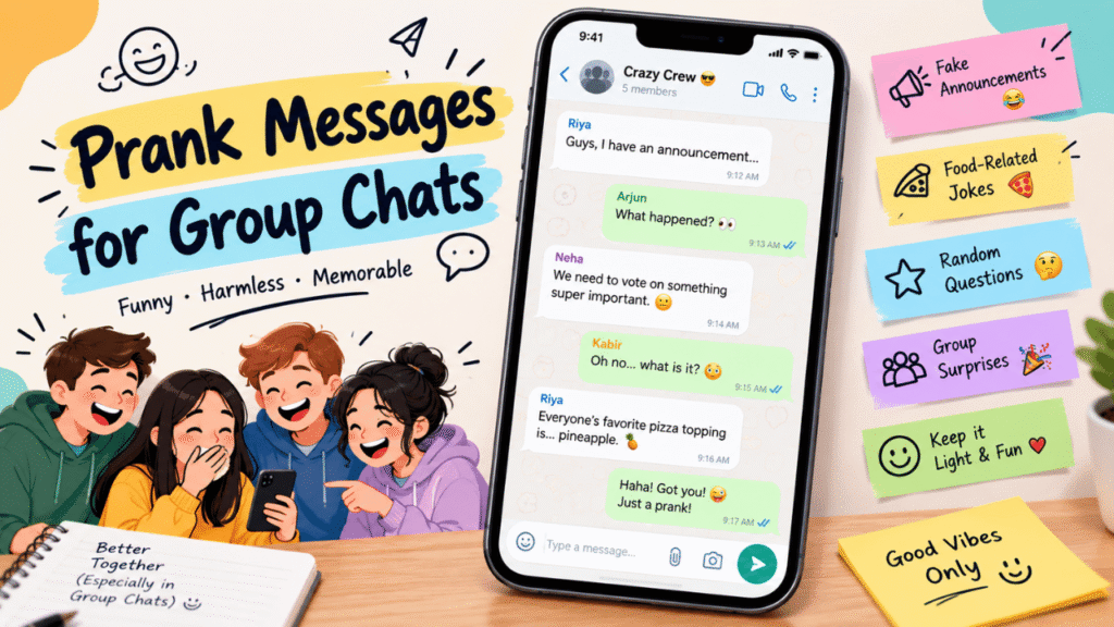 Prank messages for group chats displayed on a smartphone, with friends laughing and colorful notes featuring funny, harmless group chat prank ideas.