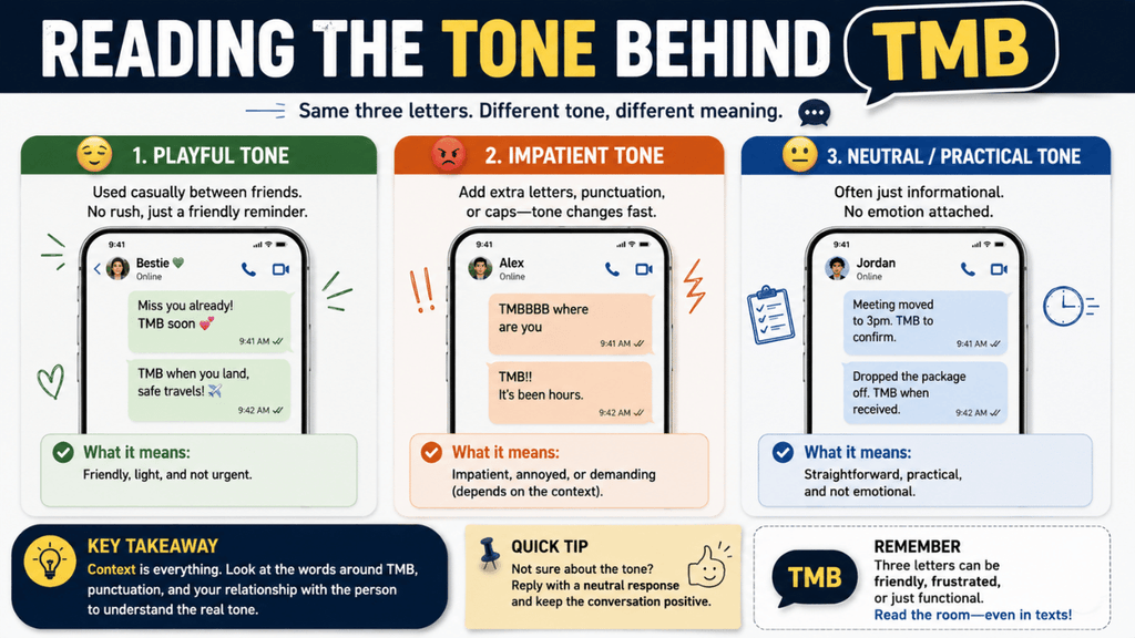 Reading the tone behind TMB showing playful, impatient, and neutral uses of the abbreviation in text messages.