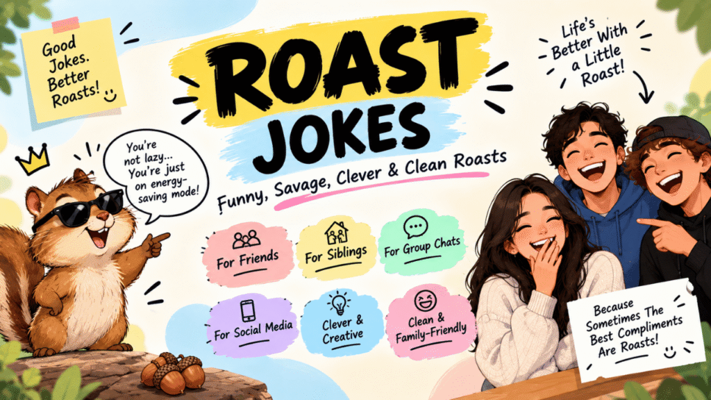 Roast jokes feature image showing a playful cartoon squirrel, laughing friends, and colorful categories for funny, savage, clever, clean, and family-friendly roasts.