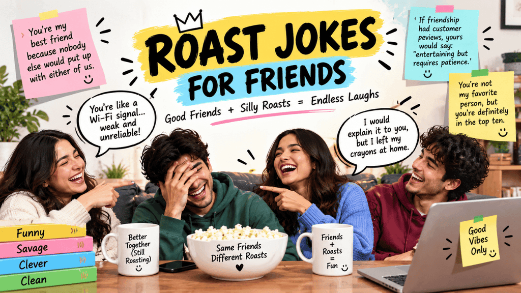 Roast jokes for friends feature image showing four friends laughing together, colorful speech bubbles with playful roasts, snacks, mugs, and funny friendship-themed decorations.