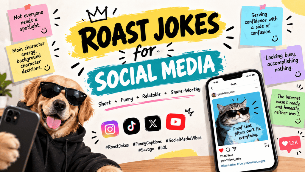 Roast jokes for social media feature image showing a smartphone, social media icons, a sunglasses-wearing dog, a funny cat post, and colorful speech bubbles with playful roast captions.