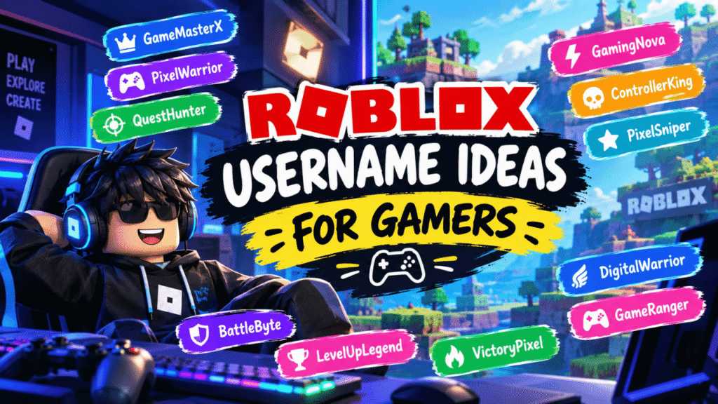 Roblox username ideas for gamers featuring a gaming avatar, controller, and creative gamer names