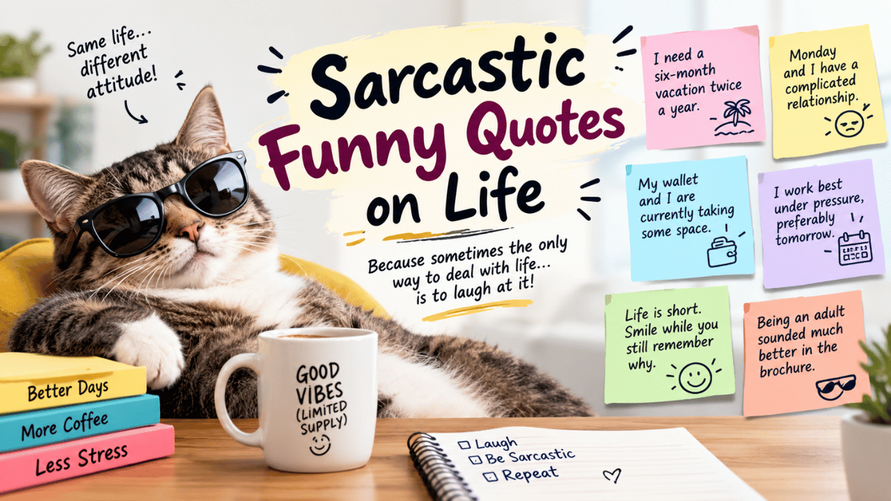 Sarcastic funny quotes on life featuring a relaxed cat in sunglasses, colorful sticky notes with witty sayings, and a playful coffee-themed desk setup.