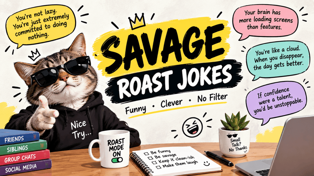 Savage roast jokes feature image showing a sunglasses-wearing cat, bold roast-themed text, funny speech bubbles, and playful examples of savage, clever, and humorous roasts.