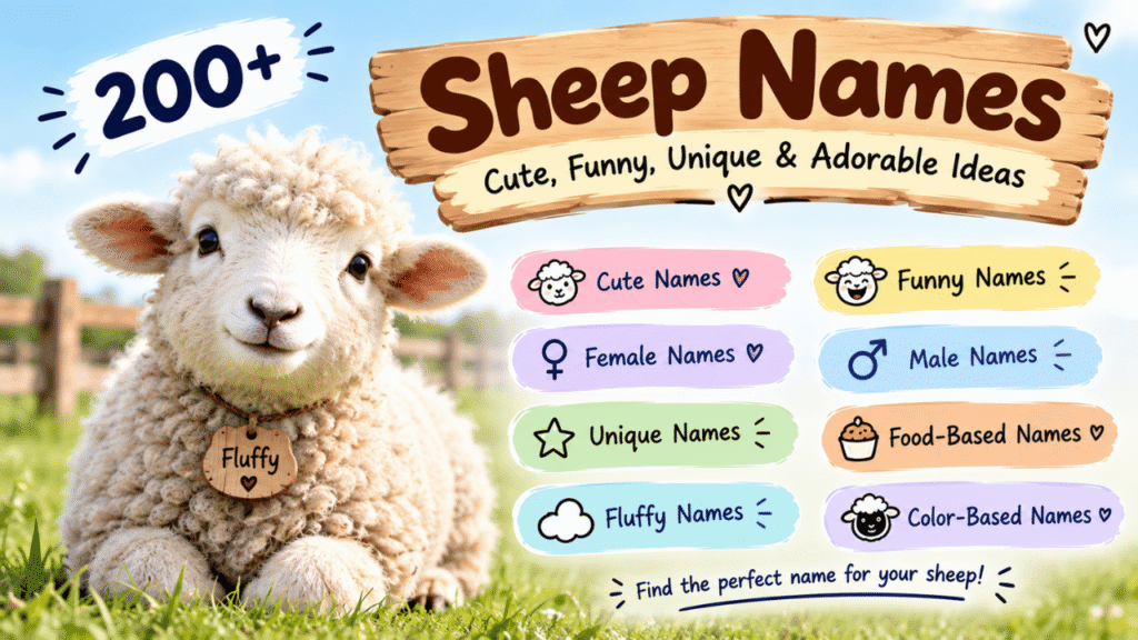 200+ sheep names featuring cute, funny, unique, female, male, fluffy, food-inspired, and color-based name ideas for sheep and lambs.