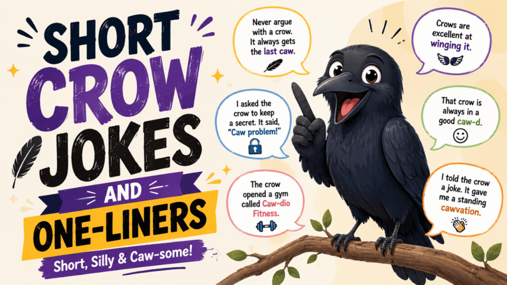 Short crow jokes and one-liners featuring a funny crow, playful speech bubbles, and silly bird-themed puns.